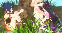 1boy 2girls being_recorded blowjob blue_hair completely_nude fellatio flowers forest genshin_impact grabbing_head grass hat holding_penis kneeling long_hair nude outdoors partially_nude penis petite purple_hair recording sansonnsfw sex short_hair sitting skirt small_breasts smartphone smile sucking_penis tree xiangling_(genshin_impact) yellow_eyes yun_jin_(genshin_impact)