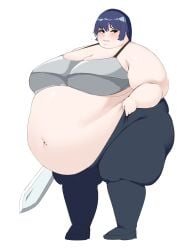 1girls 2023 absurd_res bbw belly belly_overhang blue_hair breasts fat fat_arms fat_belly female female_focus huge_belly huge_breasts obese obese_female onehaunt plump short_hair simple_background solo solo_female solo_focus sword thick_thighs thighs voluptuous weapon white_background