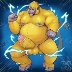 absurd_res anthro balls barmaku belly bodily_fluids dragon_ball dragon_ball_z erection fur genitals hi_res humanoid_genitalia humanoid_penis male mammal muscular muscular_male oozaru overweight overweight_male penis potara_ear_ring primate red_eyes saiyan solo vegito yellow_body yellow_fur