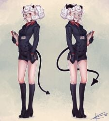 demon demon_girl demon_horns demon_tail eltonel fully_clothed helltaker pandemonica_(helltaker) red_eyes tagme white_hair