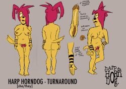 anthro ass breasts canid canine canis domestic_dog ear_piercing fur genital_piercing genital_scar genitals gynomorph hair harp_(harpdahorndog) harpdahorndog hi_res intersex mammal model_sheet nipples nude nude_anthro piercing red_hair scar smile tattoo turnaround vaginoplasty vaginoplasty_scar yellow_body yellow_fur