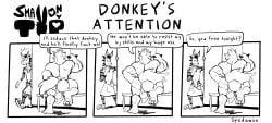 2boys anthro ass back_view balls big_butt blush blushing butt canid canine caught comic dialogue donkey english_text fur furry gay male male/male male_only mammal muscular muscular_male nude penis spedumon surprised text towel