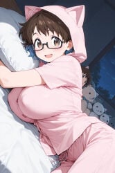 ai_generated bed cat_ears glasses imari_youko large_breasts pajamas pijama ruri_no_houseki