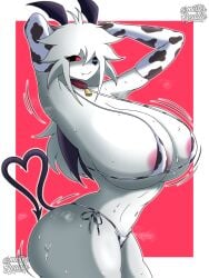 1girl armpits arms_up ass bell bikini breasts cow_print cow_print_bikini cow_print_gloves cowbell curvy demon_tail edgyverse enigmaverse fpe fpe_oc fundamental_paper_education genderswap gloves huge_breasts jiggling_breasts late_night_urban_legend long_hair mister_barrel_(edgyverse) mister_freddie_artist red_eyes signature skin smile solo sweat tail thong white white_hair