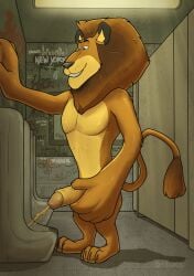 1boy 2025 absurd_res alex_(madagascar) anthro bathroom black_nose blue_eyes bodily_fluids dasoka dreamworks english_text fangs felid genital_fluids genitals graffiti graffiti_on_wall hi_res lion madagascar_(series) male mammal pantherine peeing peeing_in_urinal penis public_restroom restroom_stall solo teeth text toothy_smile urinal urine