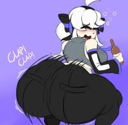 1girls ahoge ass ass_focus back_view big_ass blush bottle bubble drunk drunk_bubble fanloid female fully_clothed headphones hiccuping holding_object onomatopoeia ribbon simple_background solo text twerk twerking vocaloid white_hair yowane_haku