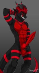 abs absurd_res anthro balls bedroom_eyes biceps big_penis black_body claws clothing erection eye_markings eyebrows fangs finger_claws fingers gem genitals grin grinning_at_viewer hair hand_behind_head hi_res horn horn_markings humanoid_hands jewelry knot knotted_penis licking licking_lips lizard lizardman looking_at_viewer male markings muscular muscular_anthro muscular_male nakora_inferis_(character) narrowed_eyes navel necklace nemesisilit nipples pendant penis penis_grab pose presenting presenting_penis red_body red_eyes red_hair red_markings red_penis reptile ridged_penis ring_(marking) scalie seductive simple_background smile smiling_at_viewer solo standing teasing teasing_viewer teeth tongue tongue_out