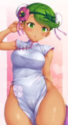 1girls blush breasts cameltoe chinese_dress cleavage dark-skinned_female dark_skin double_bun eyelashes female female_only flower green_hair hair_bun hairband hips human looking_at_viewer mallow_(pokemon) nintendo open_mouth pink_background pokemon pokemon_sm snowcanvas solo text thick_thighs thighs