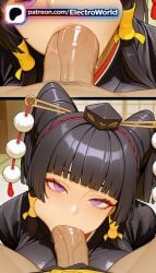 1boy 1girl 1girls 2026 :>= ai_generated artist_name black_hair blowjob blowjob_face blunt_bangs blush cock dead_or_alive dick electroworld erection fellatio hair_tubes hetero hi_res high_quality high_resolution highres licking nyotengu oral oral_sex patreon patreon_username penis pov purple_eyes solo_focus stable_diffusion sucking uncensored watermark