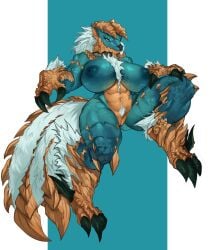 absurd_res anthro areola big_breasts blue_body blue_eyes breasts butt butt_from_the_front capcom claws fanged_wyvern female fur genitals hi_res horn huge_breasts monster_hunter multicolored_body muscular muscular_anthro muscular_female navel nipples scalie solo spikes spread_legs spreading tan_body thick_thighs tsuyu_fang two_tone_body vulva white_body white_fur zinogre