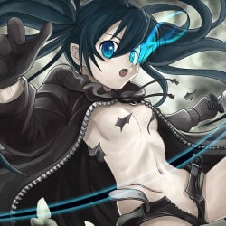 1girl bad_id bad_pixiv_id belt black_hair black_rock_shooter black_rock_shooter_(character) black_shorts blue_eyes breasts censored convenient_censoring gloves glowing glowing_eyes hamoto jacket medium_breasts no_panties no_shirt pale-skinned_female pale_skin photoshop_(medium) pussy pussy_peek scar shaved_crotch shorts small_breasts solo topless_female twintails unzipped