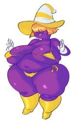 1girl absurdres belly big_belly bikini boots bra breasts cameltoe colored_skin fat fat_woman female_focus full_body hat highres huge_breasts marilyn_(mario) mario_(series) micro_bikini nintendo obese obese_female paper_mario paper_mario:_the_thousand-year_door purple_skin shadow_siren slb string_bikini swimsuit underwear witch_hat yellow_boots yellow_bra