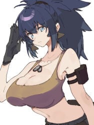 1girls big_breasts blue_eyes blue_hair huge_breasts king_of_fighters leona_heidern light-skinned_female light_skin long_hair military pale-skinned_female pale_skin pants ponytail shirt tank_top thick tight_shirt