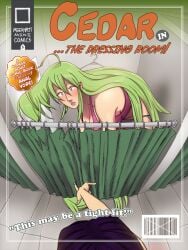 advertisement big_breasts blush blushing bra breasts cedar_pines changing changing_clothes changing_room comic comic_cover curtains green_hair imminent_vore meekbot panties tall_female taller_female yuri