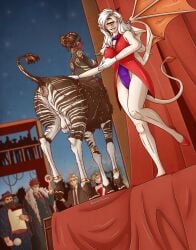 2026 absurd_res animal_genitalia animal_vulva anthro anus butt catwalk cyclops duo ear_piercing female female/female fur genitals giraffid giraffid_taur hair hi_res human jewelry jewelry_only looking_back mammal mammal_taur membrane_(anatomy) membranous_wings multicolored_hair okapi okapi_taur piercing popobawa presenting raised_tail smile solo striped_body striped_fur stripes tail taur teats udders veil vulva white_hair wings zuckergelee
