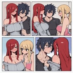 1boy 2girls ai_generated black-haired_male black_hair blonde-haired_female blonde_hair comic couple erza_scarlet fairy_tail friends gray_fullbuster imminent_sex intimate lewd lucy_heartfilia red-haired_female red_hair romantic sex sexy threesome
