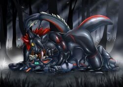 2020 absurd_res anthro anthro_on_anthro black_body black_tail blue_eyes canid canine dated dragon duo empty_eyes forked_tongue fur goo_creature goo_transformation goo_vore grass grey_body grey_fur hair hi_res hufnaar lying male male/male mammal markings mythological_creature mythological_scalie mythology night nude on_front open_mouth outside plant pupils red_hair red_markings red_tail scalie side_view slit_pupils tail tan_hair tongue tongue_out transformation tree vore yellow_eyes