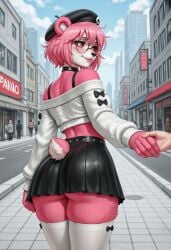 ai_generated anthro barrette black_skirt blindparty femboy furry glasses multicolored_fur off_shoulder panda panda_boy panda_ears pink_fur pink_hair red_eyes skirt sweater white_fur white_stockings white_sweater