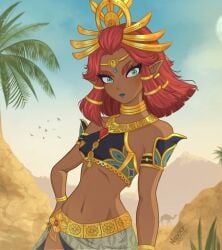 1girls belly_button cleavage dark-skinned_female dark_skin desert gerudo gold_jewelry red_hair riju solo solo_female solo_focus tears_of_the_kingdom the_legend_of_zelda the_legend_of_zelda:_tears_of_the_kingdom