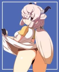 1girl absurdres ahoge animal_ears ass black_horns black_pubic_hair blush breasts brown_eyes clothes_lift clothes_pull dress dress_lift dress_pull excessive_pubic_hair extra_ears female_focus female_pubic_hair from_behind gloves hair_over_one_eye highres horns kemono_friends lifting_own_clothes long_hair looking_at_viewer looking_back low_twintails mismatched_pubic_hair multi_ear no_panties panties pink_hair pubic_hair shirt short_sleeves solo tail twintails underwear white_dress white_hair wings yak_(kemono_friends) yellow_shirt