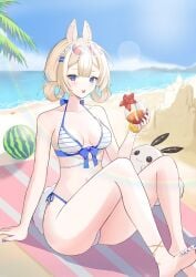 1girl animal_ears aqua_nails bangs bare_shoulders barefoot beach bikini blonde_hair blue_eyes blue_nails blue_sky breasts cleavage cloud day eyewear_on_head feet food fruit green_nails horizon looking_at_viewer medium_breasts multicolored_nails nail_polish ocean outdoors palm_tree pink_nails purple_nails red_nails sand short_hair sitting sky solo striped striped_bikini sunglasses swimsuit toenail_polish tongue tongue_out tree vyugen watermelon yenko