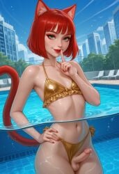 ai_generated bikini bikini_bottom_aside blindparty cat_ears cat_tail catboy femboy gold_bikini green_eyes in_water nudity penis red_eyeshadow red_hair red_lipstick testicles
