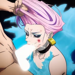 1boy 1girl ai_generated beaten black_hair blowjob cum_in_mouth deepthroat facefuck hair_pull huge_cock jujutsu_kaisen male/female pink_hair tbaanime uro_takako