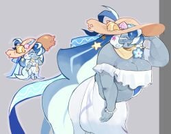 1girls bbw blue_body blue_eyes blue_whale_cookie bracelet breasts chubby chubby_female cookie_run cookie_run_ovenbreak costume dress female hat jackting_off multicolored_hair pearl_bracelet seashell seashells tagme