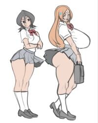 2girls bag big_ass big_breasts black_hair bleach female female_only huge_breasts jakuson_z multiple_girls orange_hair orihime_inoue ribbon rukia_kuchiki shirt shoes skirt socks thick_thighs