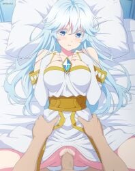 1boy 1girl :t absurdres artist_name ass_visible_through_thighs blue_eyes blue_hair blush breasts bridal_gauntlets censored clothed_female_nude_male colored_eyelashes commentary_request dress elbow_gloves elfaria_alvis_serfort furrowed_brow gloves hands_up hetero highres large_breasts looking_at_viewer lying mosaic_censoring nude on_back on_bed paid_reward_available pillow pout pussy rikka_(rikkaarts) sex spread_legs thighs tsue_to_tsurugi_no_wistoria twitter_username vaginal white_dress