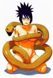 1animal 1girls accurate_art_style accurate_body_type ai_generated bare_shoulders belly_buton blush breasts collarbone completely_nude convenient_censorship covering_nipples day eyelashes facing_viewer female_focus female_only foreshortening from_below front_view full_color groin high_resolution highres large_breasts light-skinned_female light_skin line_art lipstick long_hair looking_at_viewer looking_down looking_down_at_viewer low-angle_view makeup manga_style masashi_kishimoto_style mature_female medium_breasts milf mitarashi_anko naruto naruto_(series) naruto_shippuden navel official_style parted_lips personalover23 pinup plain_background shiny_hair shiny_skin simple_background sitting smile snake soft_shading solo solo_focus thighs thin_eyebrows underboob waifu white_background
