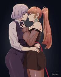 2girls ass breasts cleavage eyes_closed fully_clothed holding_waist hololive hololive_english hololive_indonesia hololive_myth imminent_kiss lesbian light-skinned_female orange_hair pavolia_reine peafowl phoenix pomuya stockings takanashi_kiara virtual_youtuber white_hair yuri