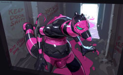 anthro back_spines belly belly_mouth black_body bulge english_text fingerless_(marking) glistening glistening_arms glistening_belly glistening_bulge glistening_face glistening_goo glistening_hands glistening_snout glistening_tail goo_creature goo_drip green_eyes hi_res hunched_over latex latex_creature licking licking_lips light lighting looking_at_viewer male pink_body pink_latex plumlucky sharp_teeth solo striped_body stripes teeth text text_on_wall tongue tongue_out warning