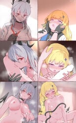 2girls absurdres black_horns black_tail blonde_hair curled_horns demon_girl earrings futanari highres horns jewelry key_earrings kiss multiple_girls necktie nude phoebe_(wuthering_waves) red_necktie siff59 tacet_mark_(wuthering_waves) tail_around_another's_waist tight_clothes white_hair wuthering_waves yuri zani_(wuthering_waves)