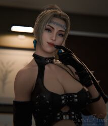 1girls 3d armor big_breasts blonde_hair blue_eyes cleavage dead_or_alive earrings finger_on_lip hand_on_face hand_on_mouth headwear latex latex_clothing looking_at_viewer ninja_gaiden ponytail rachel_(ninja_gaiden) red_lipstick seductive seductive_look smile smiling smiling_at_viewer solo sweethime