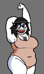 beanie belly_button belly_overhang black_hair blue_eyes blush chubby chubby_female cleavage eye_bags female female_only happy homdogger looking_to_the_side necklace one-piece_swimsuit open_mouth pale_skin pinup sfw simple_background solo solo_female soyjak.party soytan stretching swimsuit
