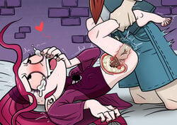 1boy atomic_bomb_(artist) blush breasts cum cum_in_pussy duo eyebrows fangs female gothetta_gothetticus gruftine heart long_hair open_mouth penis pointy_ears ponytail red_hair school_for_vampires shirt shorts tied_hair tongue tongue_out vampire