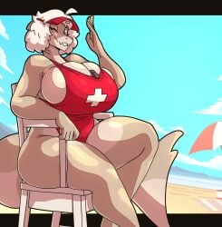 1girls absurd_res anthro aquatic beach big_breasts biped breasts carpet_shark cleavage clothed clothing dawn_(slightlysimian) eyelashes female fish ginglymostomatid hi_res lifeguard_chair lifeguard_swimsuit looking_at_viewer nurse_shark one-piece_swimsuit one_eye_closed outside pupils red_clothing red_swimwear shark slightlysimian smile solo swimwear tail tan_body thick_thighs wink