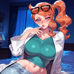 1girl ai_generated aqua_eyes aqua_shirt balecxi blue_pants blush crop_top denim eyewear_on_head finger_to_mouth hair_ornament heart heart-shaped_pupils heart_hair_ornament indoors jeans lab_coat large_breasts lips long_hair long_sleeves looking_at_viewer midriff nail_polish navel nintendo orange_hair patreon_username pokemon pokemon_ss pokemon_swsh ribbed_shirt side_ponytail solo sonia_(pokemon)