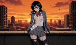 1girls ai_generated areolae battle_damage bleach blood breasts female female_only medium_breasts nipples pussy ripped_clothing rukia_kuchiki school_uniform scratches solo solo_female tagme torn_clothes torn_clothing