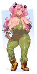 1girls big_breasts boots choker cleavage female female_focus female_only gloves green_eyes large_breasts nicole_demara overalls pankekes pink_hair plump_lips solo solo_female solo_focus thick_thighs twintails zenless_zone_zero