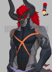 abs anthro barely_visible_genitalia batzz_(buddyfight) black_scales bulge claws clothed clothing dragon grey_scales hair half_portrait horn huskeeburn21 invalid_tag long_hair looking_at_viewer male male_only markings pants pants_down partially_clothed pecs penis red_eyes red_hair scales simple_background smile solo standing teeth undressing unfinished watermark