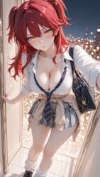 1girls ai_generated bewitching_thighs cleavage female_villain gundam_00 gyaru gyaru_gal large_breasts mobile_suit_gundam nena_trinity pale-skinned_female red-haired_female solo villainess yellow-eyed_female