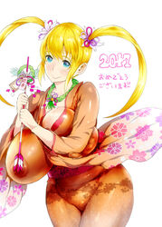 1girls big_breasts blonde_hair blue_eyes blush busty cleavage curvy erect_nipple erect_nipples eyelashes female female_only front_view holding_object hourglass_figure human japanese_text kimono looking_at_viewer mozu-k nipple_bulge original_character pose posing shiny shiny_skin simple_background solo standing text tied_hair translation_request twintails voluptuous white_background wide_hips yellow_hair