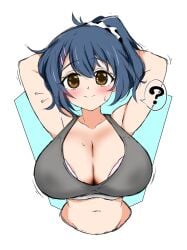 033ninjyahoihoi armpits arms_up big_breasts blue_hair blush bra brown_eyes cleavage female female_only hands_behind_head huge_breasts looking_at_viewer nervous nursing_pad original ponytail solo sports_bra sweat upper_body