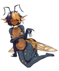 1girls 4_arms antennae_(anatomy) arthropod_abdomen avispa_nectarinia black_sclera blush cow_print cow_print_bikini cowbell dark-skinned_female horns indie_virtual_youtuber insect_girl insect_wings lying monster_girl sedua_weynn side-tie_bikini sole_female solo solo_female sweat virtual_youtuber vtuber wasp_girl