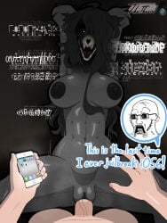 abs anthro apple_inc. black_hair black_nipples bodily_fluids bone breasts cellphone cowgirl_position dialogue doctos duo electronics english_text female from_front_position genitals glowing glowing_eyes hair hands_behind_head hi_res holding_cellphone holding_object holding_phone holding_smartphone human ipod johnithanial male male/female malo mammal muscular nipples on_bottom on_top penetration penis phone portable_music_player scp_foundation sex sharp_teeth shocked skull skull_head slim smartphone soyjak sweat teeth text vaginal vaginal_penetration vaginal_sex