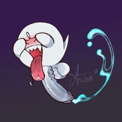 balls big_balls big_penis bodily_fluids boo_(mario) covering covering_face ectoplasm ejaculation flustered genitals ghost hi_res huge_balls huge_penis male mario_bros nintendo open_mouth penis saliva saliva_on_tongue sharp_teeth solo spirit starlit_aster teeth tongue tongue_out