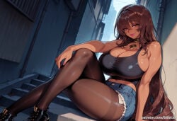 1girl ai_generated balecxi black_tank_top brown_eyes brown_hair cleavage crossed_legs dark-skinned_female denim_shorts goddess_of_victory:_nikke huge_breasts long_hair looking_at_viewer noir_(nikke) short_shorts sitting smile solo thighband_pantyhose thighs
