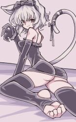 1girls ass ass_focus bow cat_ears cat_tail catgirl claws curled_toes feet female_only gray_hair hunter_x_hunter lingerie looking_at_viewer michael_jadeite neferpitou presenting red_eyes skin_tight skinny skinny_female sleepwear smirk smirking smirking_at_viewer stockings tail tail_bow thick_ass